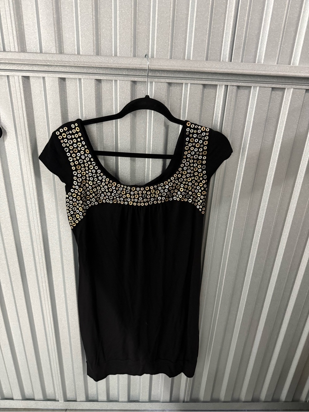 Cache Black Cap-Sleeve Dress with Gold Eyelet Detail
